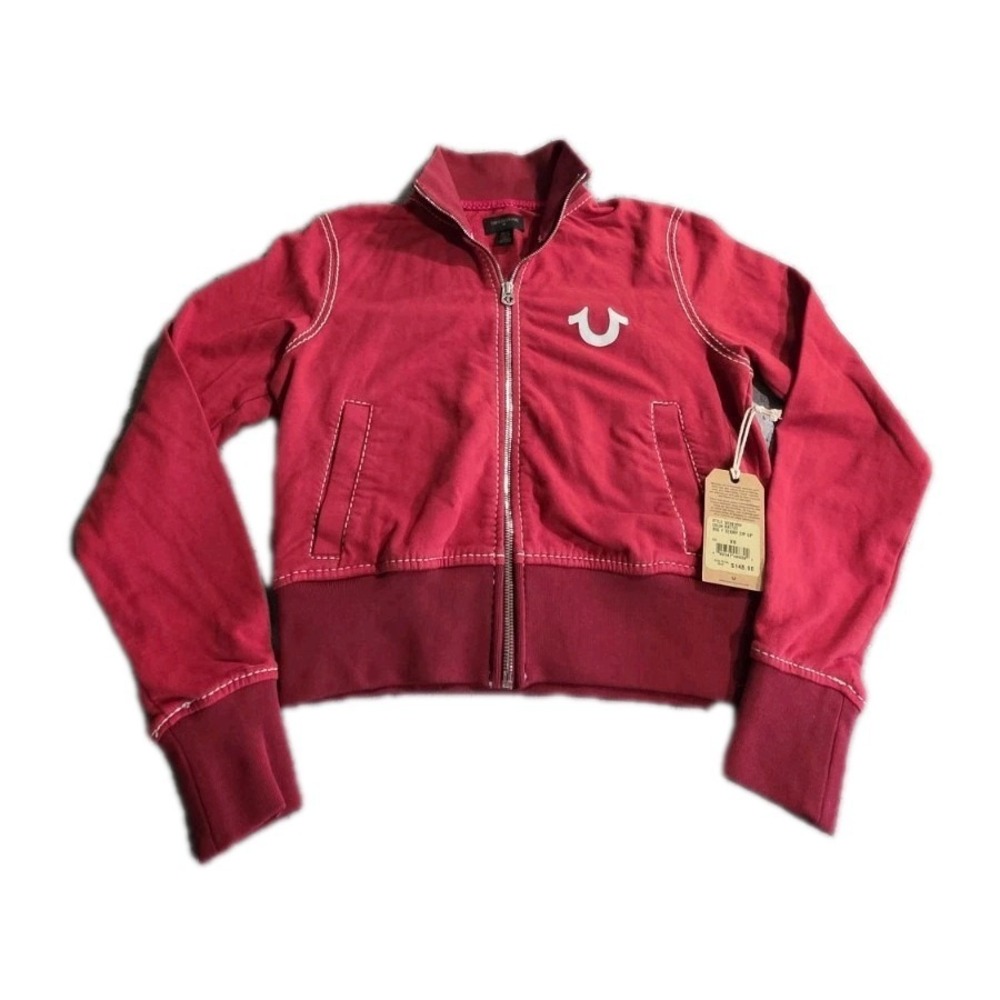 True Religion Womens Xs Big T Terry Zip Up Crop Zip Up Jacket Red MSRP $148 NWT
